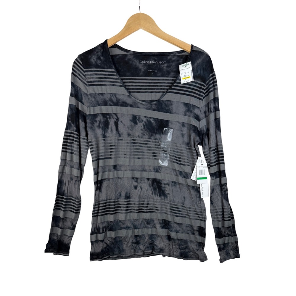 New Calvin Klein Jeans Striped‎ Long Sleeve Shirt size Large Black/Gray